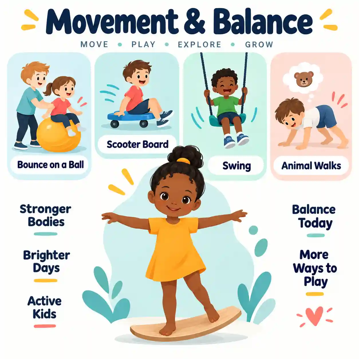Vestibular activities for balance and movement: bouncing on a ball, scooter board, swinging and animal walks