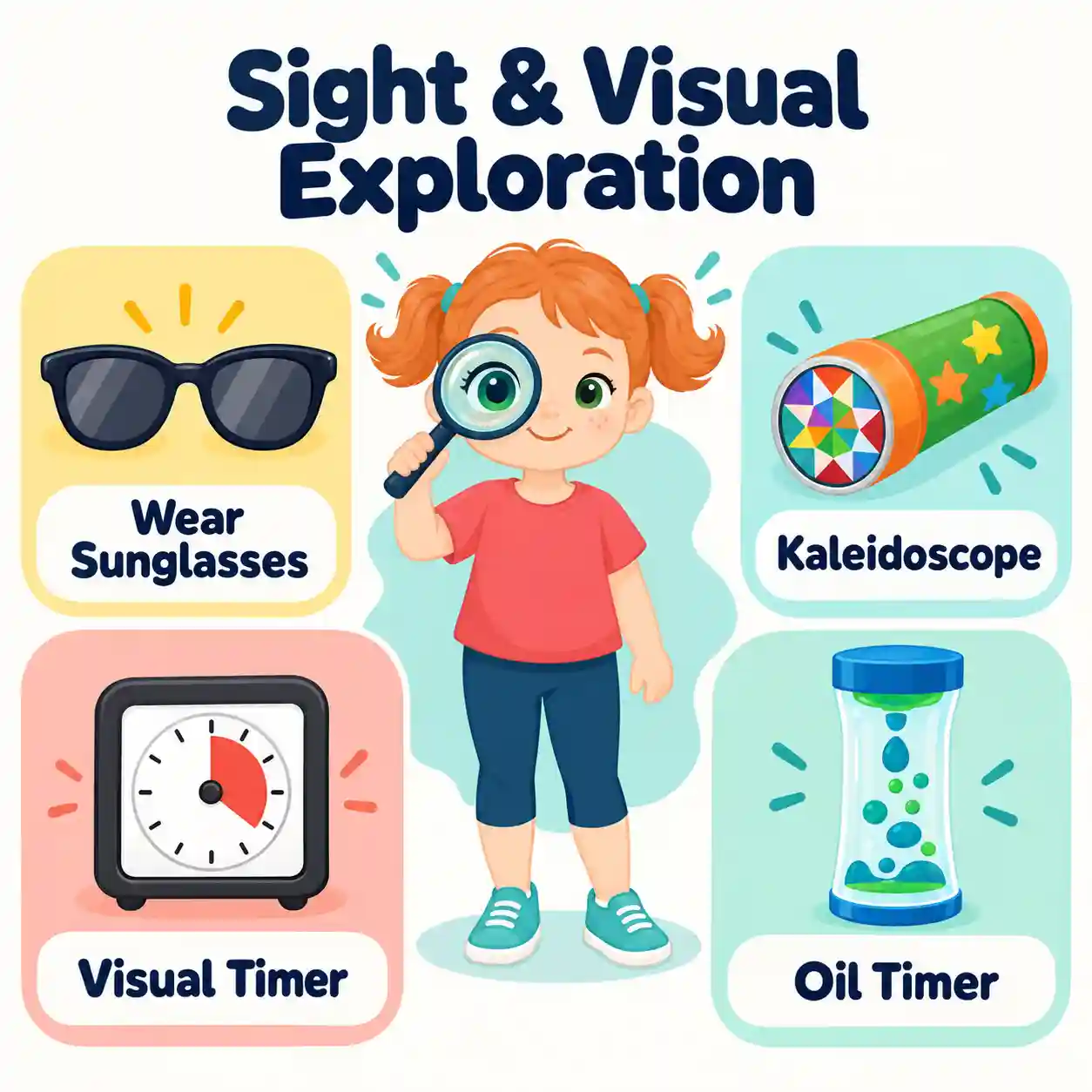 Visual exploration activities: sunglasses, kaleidoscope, visual timer and oil timer