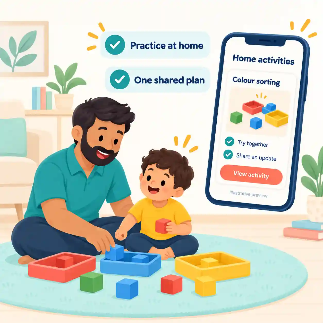 Parent and child practising a therapy home activity together at home