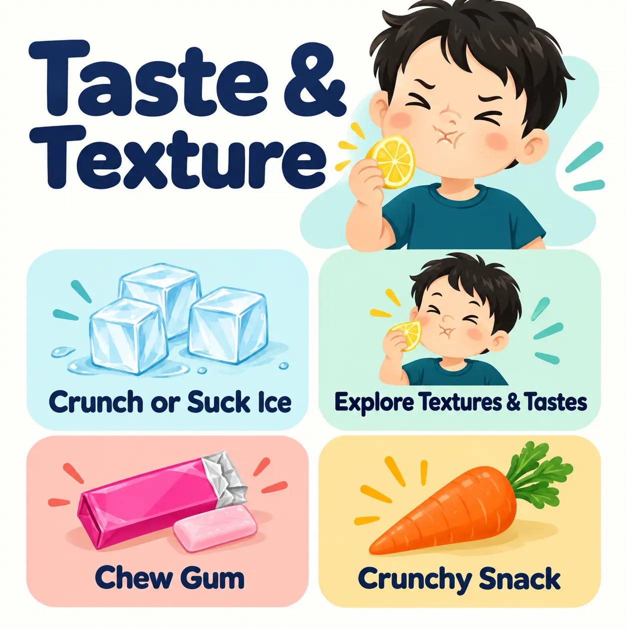 Taste and flavour activities: crunching ice, exploring textures and tastes, chewing gum and crunchy snacks