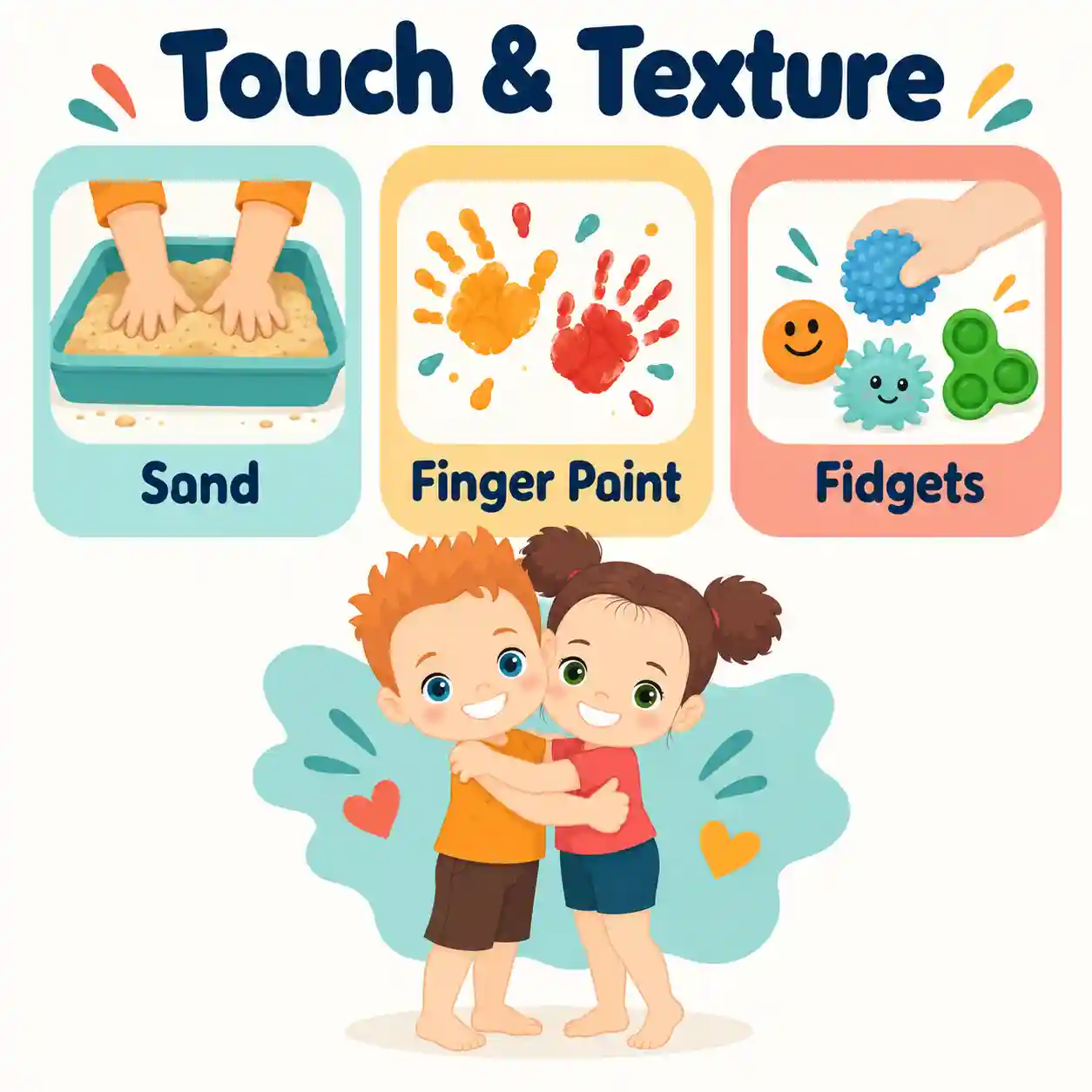 Tactile play activities for touch and texture: sand, finger paint and fidget toys