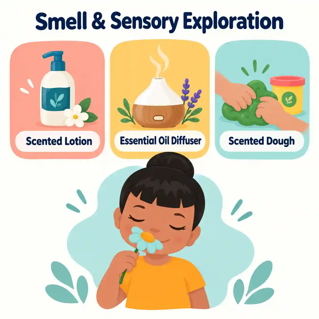 Olfactory activities for smell: scented lotion, essential oil diffuser and scented dough