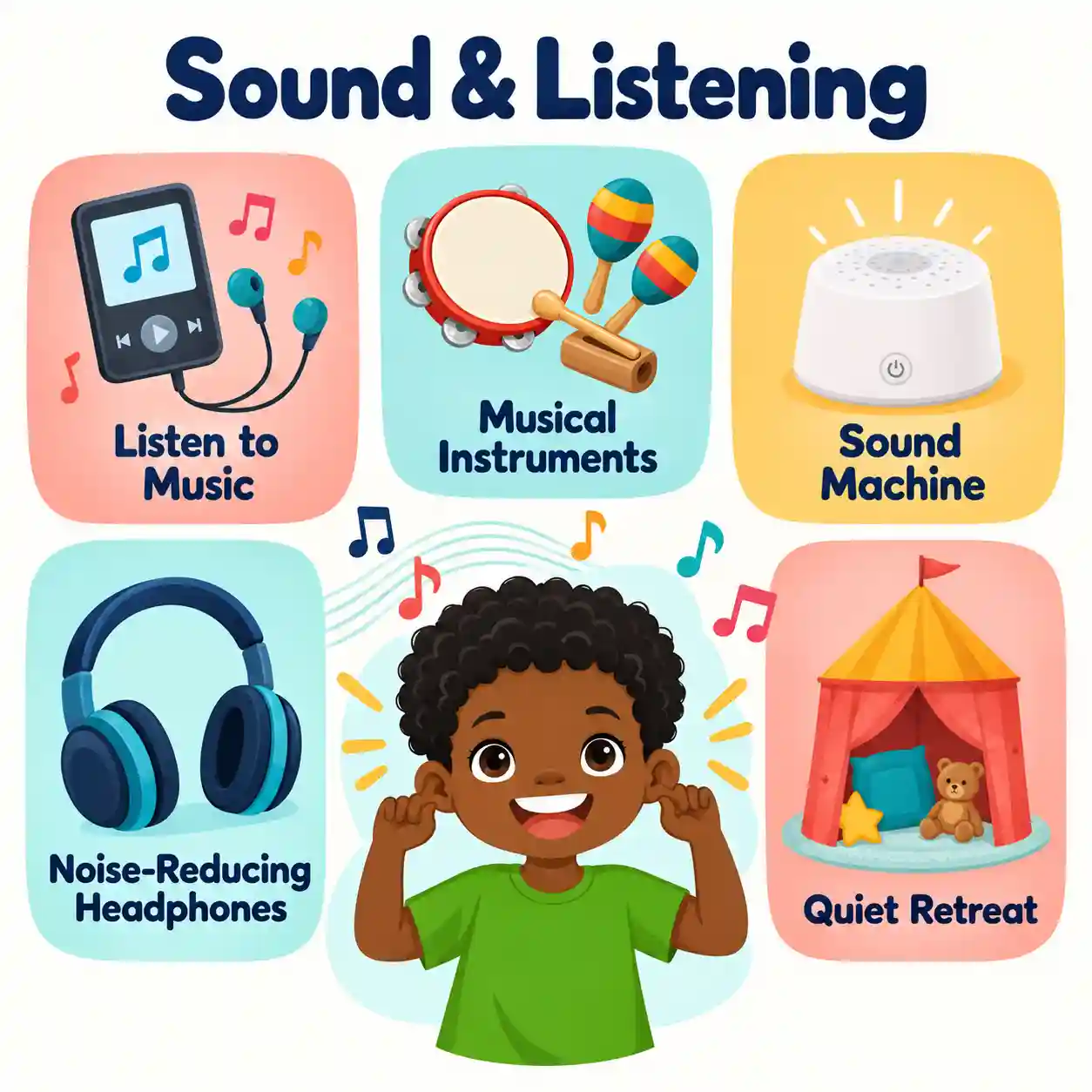 Auditory activities for sound and listening: music, musical instruments, a sound machine, noise-reducing headphones and a quiet retreat