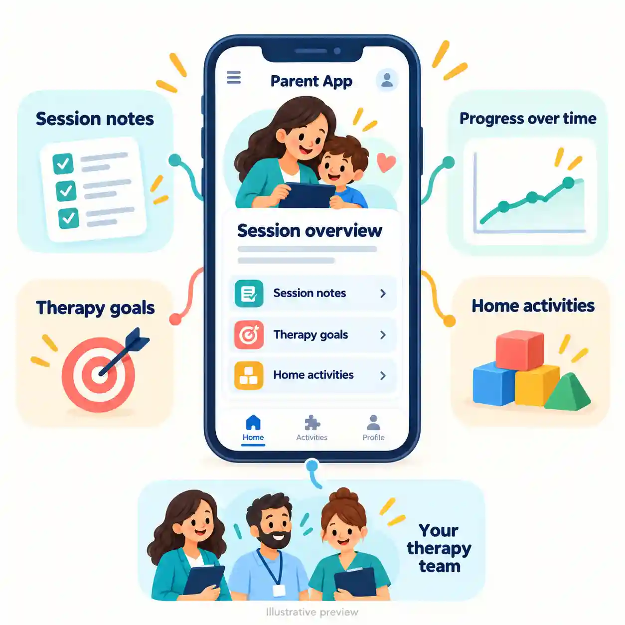 Parent app screen showing a therapy session note, goals and home activities for a child