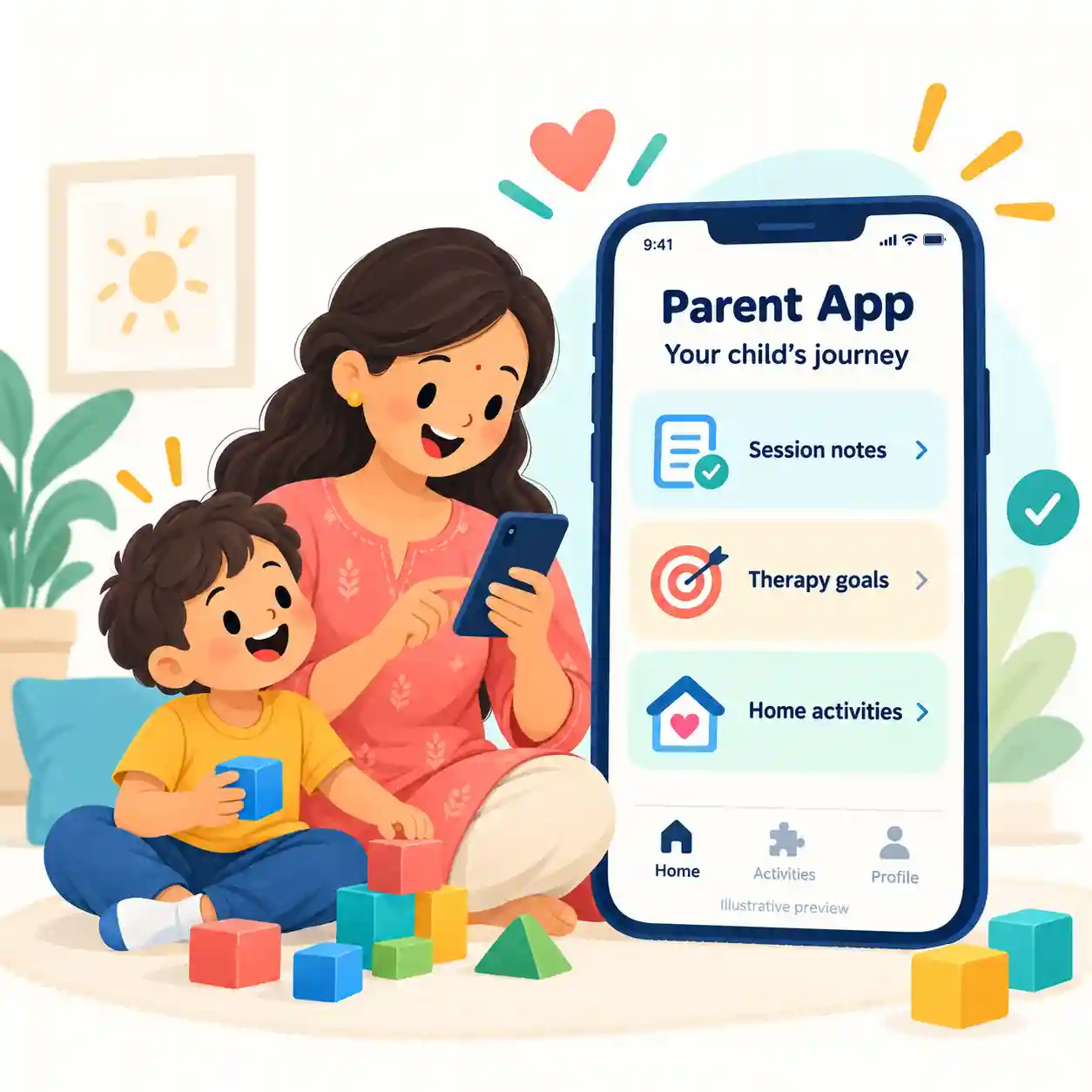 Parent in Chennai checking their child's therapy session notes on the Next Steps Therapy Center parent app