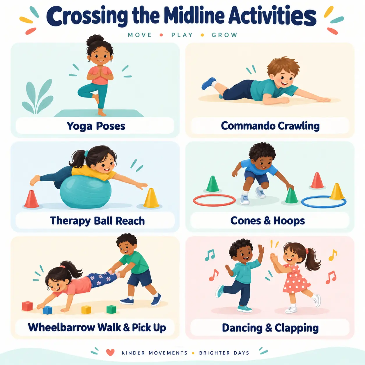 Crossing the midline activities for children: yoga poses, commando crawling, therapy ball reach, cones and hoops, wheelbarrow walk and dancing with clapping