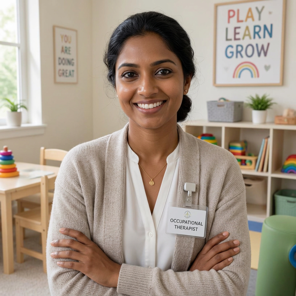 Therapist in Chennai carrying out a developmental assessment with a child and recording observations