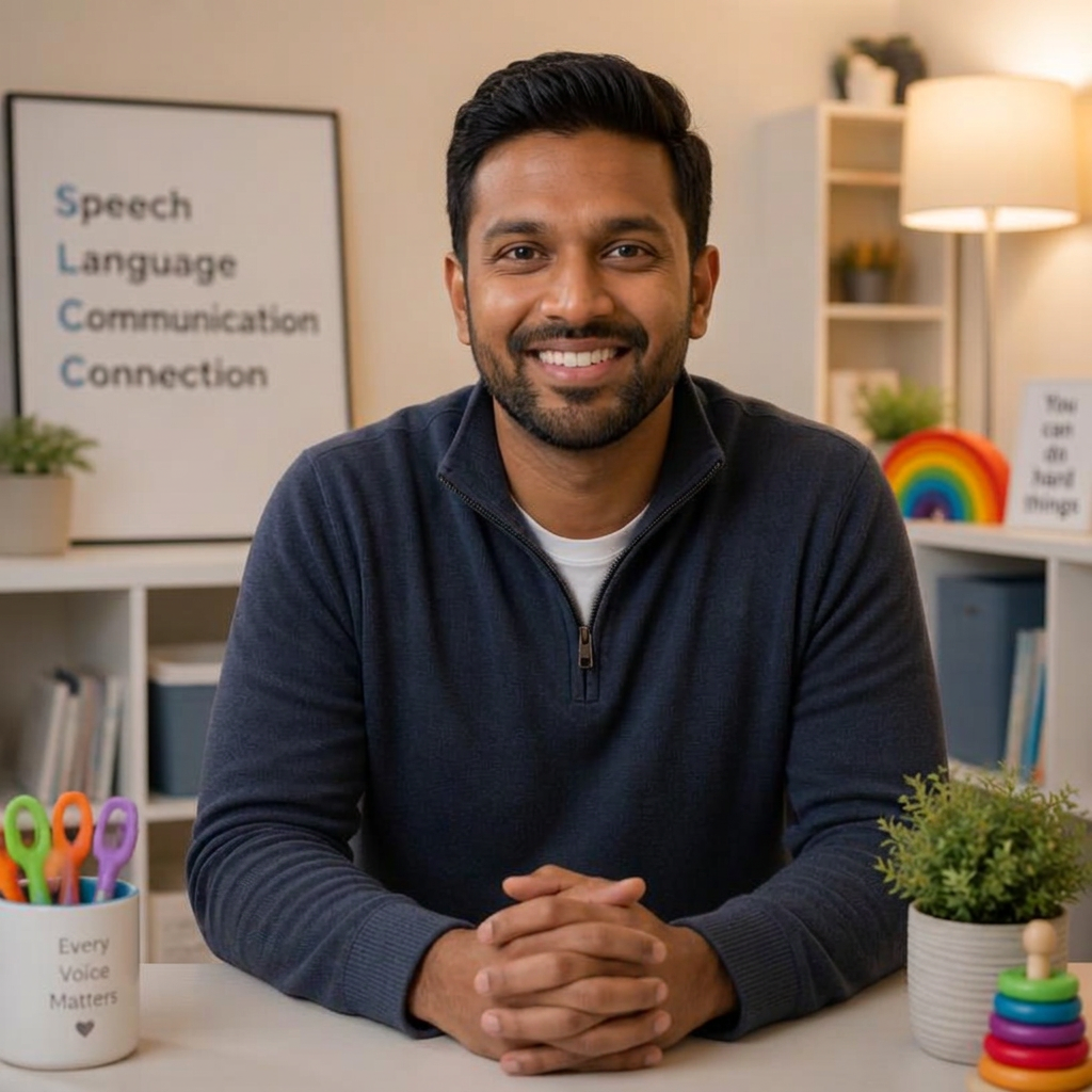 Speech therapist in Chennai smiling at a therapy table with picture cards